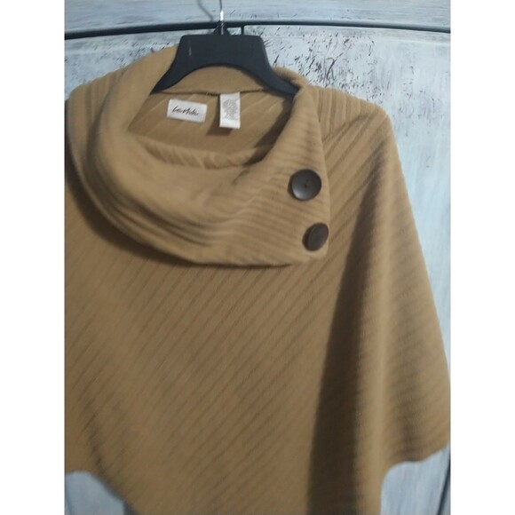 La Moda One Size Poncho Beige Brown Buttons Boho Cozy - Picture 3 of 8